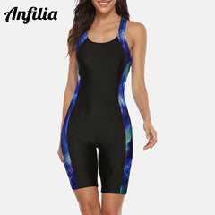 Anfilia One-Piece Women’s Pro Sports Swimwear – Boyleg Knee-Length Sport Swimsuit with Patchwork Design | Bikini Beach Wear & Bathing Suit