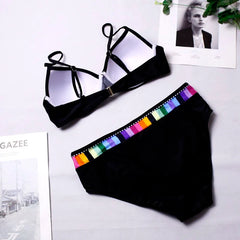 Women's High-Waist Bikini Set – Sexy Lace-Up Two-Piece Swimsuit in Black & Blue Print