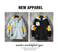 Men's Jacket Hoodie Fashion Streetwear Color Contrast Patchwork Hooded Jacket Waterproof Windbreaker Zip Up Coat Male Outwear