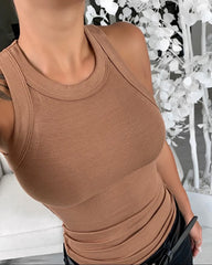 Women’s Solid Ribbed Tank Top – Basic Round Neck Elastic Camisole | Summer O-Neck Sleeveless Casual Top