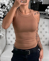 Women’s Solid Ribbed Tank Top – Basic Round Neck Elastic Camisole | Summer O-Neck Sleeveless Casual Top
