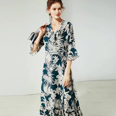 Printed Silk Dress for Women, Half Sleeve, Elegant Female Dress, V-Neck, Ruffled, Summer, New, 2024