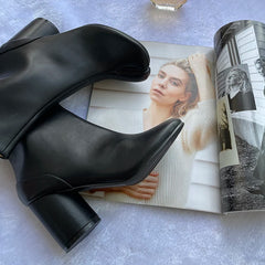 Luxury Design Leather Tabi Boots for Women - Iconic Split Toe Ankle Boots with Round Chunky High Heel | Autumn Winter Fashion Statement Shoes, Black