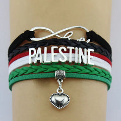 Infinity Love Palestine Heart Charm Bracelet – Silver-Plated Leather Wrap Jewelry for Men & Women