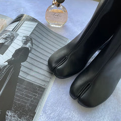 Luxury Design Leather Tabi Boots for Women - Iconic Split Toe Ankle Boots with Round Chunky High Heel | Autumn Winter Fashion Statement Shoes, Black