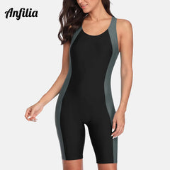 Anfilia One-Piece Women’s Pro Sports Swimwear – Boyleg Knee-Length Sport Swimsuit with Patchwork Design | Bikini Beach Wear & Bathing Suit