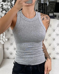 Women’s Solid Ribbed Tank Top – Basic Round Neck Elastic Camisole | Summer O-Neck Sleeveless Casual Top