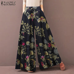 Women's Wide Leg Trousers ZANZEA Kaftan Printed Pants Elastic Waist Long Pantalon Palazzo Casual Floral Turnip Oversized