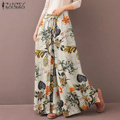 Women's Wide Leg Trousers ZANZEA Kaftan Printed Pants Elastic Waist Long Pantalon Palazzo Casual Floral Turnip Oversized