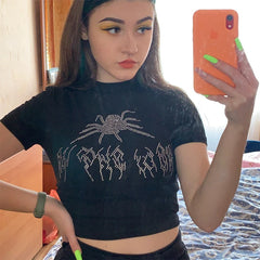 Punk Vintage Rhinestone Spider Goth Graphic T Shirt Women Y2k Style Crop Top O-neck Tshirt Black Streetwear Short Sleeve T-shirt