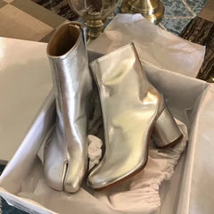 Luxury Design Leather Tabi Boots for Women - Iconic Split Toe Ankle Boots with Round Chunky High Heel | Autumn Winter Fashion Statement Shoes, Black