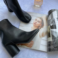 Luxury Design Leather Tabi Boots for Women - Iconic Split Toe Ankle Boots with Round Chunky High Heel | Autumn Winter Fashion Statement Shoes, Black