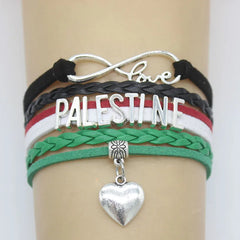 Infinity Love Palestine Heart Charm Bracelet – Silver-Plated Leather Wrap Jewelry for Men & Women
