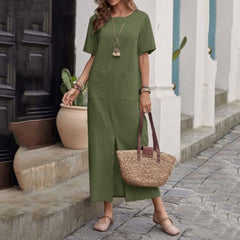 Cotton & Linen Solid Color Loose Round Neck Dress | Short Sleeve Casual Dress for Women