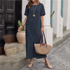 Cotton & Linen Solid Color Loose Round Neck Dress | Short Sleeve Casual Dress for Women