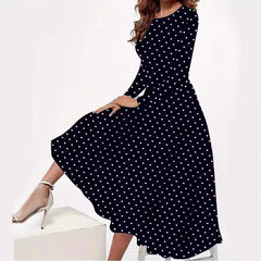 Elegant Polka Dot Long Sleeve Pocket Dress | European & American Style Round Neck Dress for Women