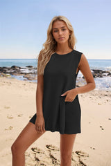 2pcs Women's Knitting Suit Summer Loose Round Neck Split Vest Top And Shorts Beach Clothing