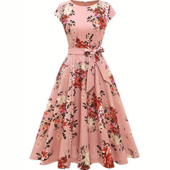 Summer Round Neck Sleeveless Swing Dress | Waist Belt Slim Fit Print Dress for Women