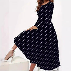 Elegant Polka Dot Long Sleeve Pocket Dress | European & American Style Round Neck Dress for Women