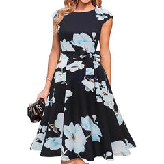 Summer Round Neck Sleeveless Swing Dress | Waist Belt Slim Fit Print Dress for Women