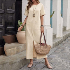 Cotton & Linen Solid Color Loose Round Neck Dress | Short Sleeve Casual Dress for Women