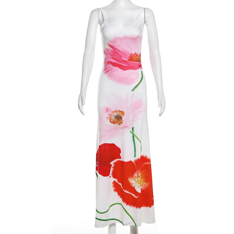 Spring Women's Sling Backless Flower Print Dress
