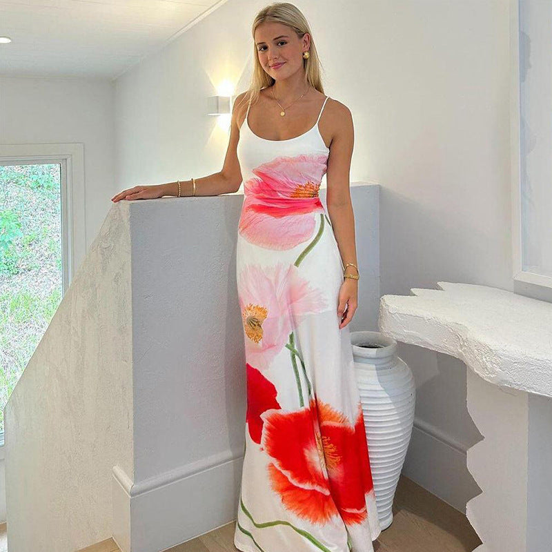 Spring Women's Sling Backless Flower Print Dress