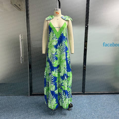 Women's Fashionable Printed V-neck Strap Long Skirt