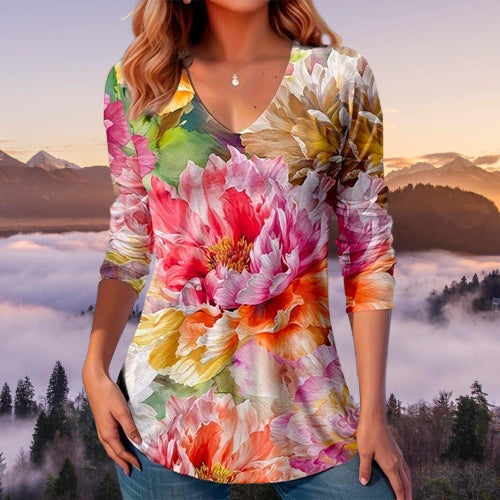 European And American Autumn Women's V-neck Printed Top