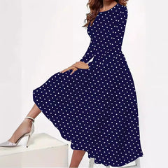 Elegant Polka Dot Long Sleeve Pocket Dress | European & American Style Round Neck Dress for Women