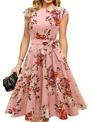 Summer Round Neck Sleeveless Swing Dress | Waist Belt Slim Fit Print Dress for Women