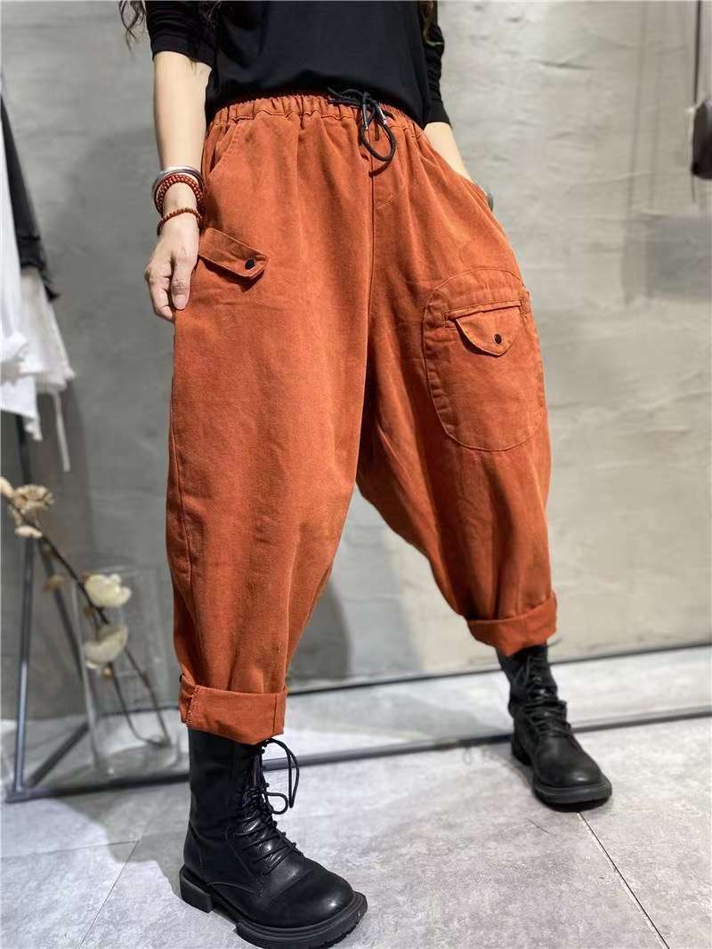 Korean Style Elastic Waistband Patch Pocket Overalls For Women