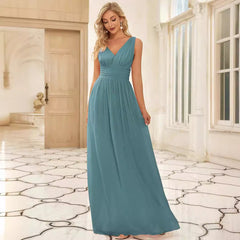 Plus Size Deep V-Neck Bridesmaid Dress | High Waist Elegant Evening Gown for Women