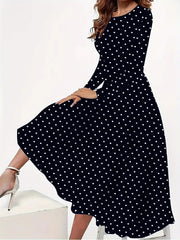 Elegant Polka Dot Long Sleeve Pocket Dress | European & American Style Round Neck Dress for Women
