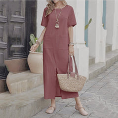 Cotton & Linen Solid Color Loose Round Neck Dress | Short Sleeve Casual Dress for Women