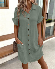 Summer Short Sleeve Shirt Dress Fashion Solid Color Single-breasted Mid-length Loose Dress