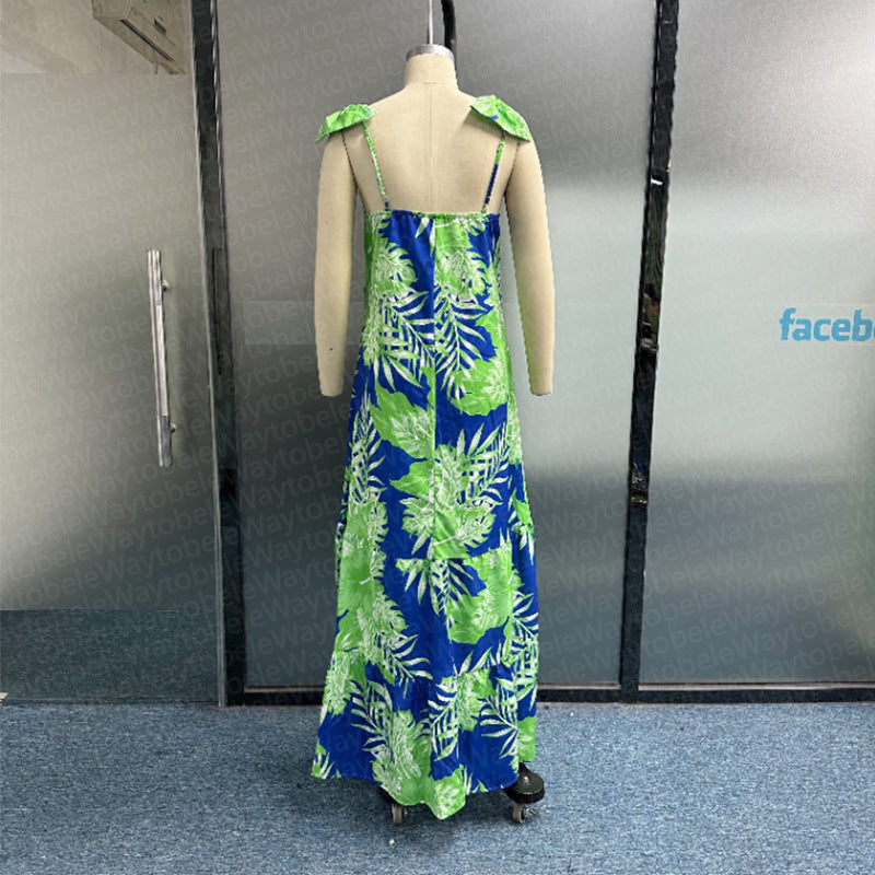 Women's Fashionable Printed V-neck Strap Long Skirt