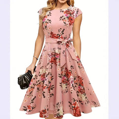 Summer Round Neck Sleeveless Swing Dress | Waist Belt Slim Fit Print Dress for Women