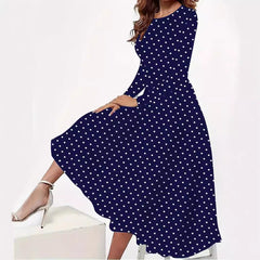 Elegant Polka Dot Long Sleeve Pocket Dress | European & American Style Round Neck Dress for Women