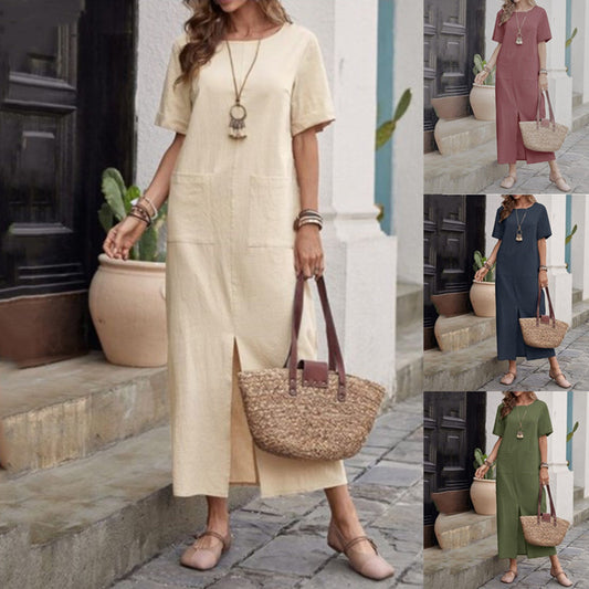Cotton & Linen Solid Color Loose Round Neck Dress | Short Sleeve Casual Dress for Women