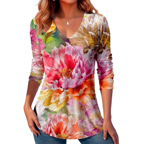 European And American Autumn Women's V-neck Printed Top