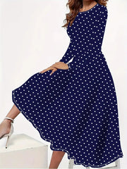 Elegant Polka Dot Long Sleeve Pocket Dress | European & American Style Round Neck Dress for Women