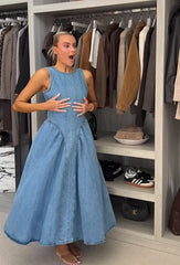 Women's Sleeveless Backless Denim Dress – Casual Round Neck, Lace-Up, High Waist, Zipper Closure | Sexy Summer High Street Style