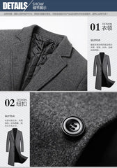 2024 Autumn and Winter Boutique Woolen Black Gray Classic Solid Color Thick Warm Men's Extra Long Wool Trench Coat Male Jacket