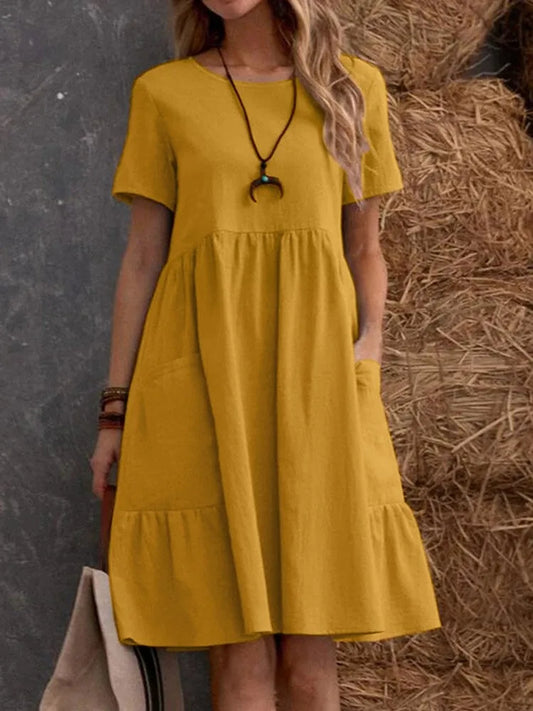 Casual Loose A-Line Midi Dress for Women – Solid Color Summer Dress with Pockets, Elegant Vintage Style