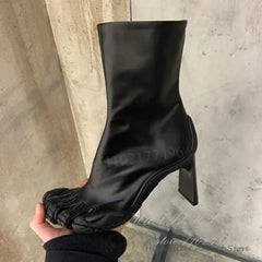Rose Red & White Leather Five-Finger Boots: Hollow Heel Designer Ankle Booties | Sporty Tabi Inspired Split-Toe Shoes for Autumn & Winter Fashion