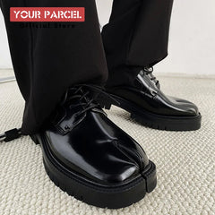 Black Glossy Tabi Shoes for Men: Split Toe Leather Derby | British Retro Platform Sole Niche Design | Luxury Low-Top Lace-Up Loafers for Men
