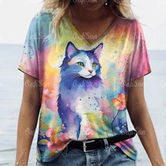 Summer Women’s Cat Print T-Shirt – Casual 3D Short Sleeve Crew Neck Pullover, Oversized Streetwear