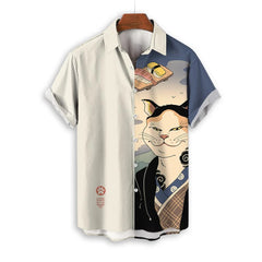 Men’s Samurai Cat Anime Hawaiian Shirt – Casual Short Sleeve Loose Fit Summer Top | Cool Graphic Streetwear Blouse