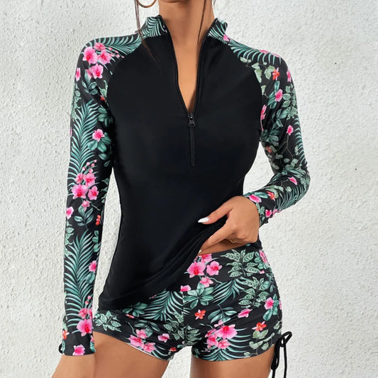 Women's Long Sleeve Surfing Swimsuit – 2-Piece Sporty Tankini Swimwear Set